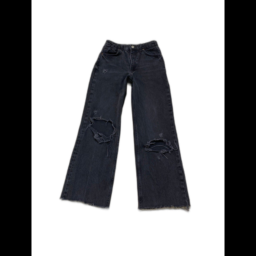 Zara Wide Leg Jeans Size 4 Washed Black Distressed Ripped Knee Raw Hem Y2K